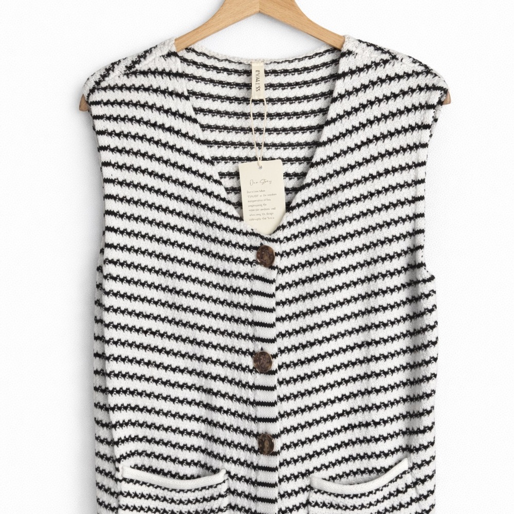 Evaless Black White Striped Sweater Vest Womens Medium Button Front Coastal Chic - Picture 8 of 10
